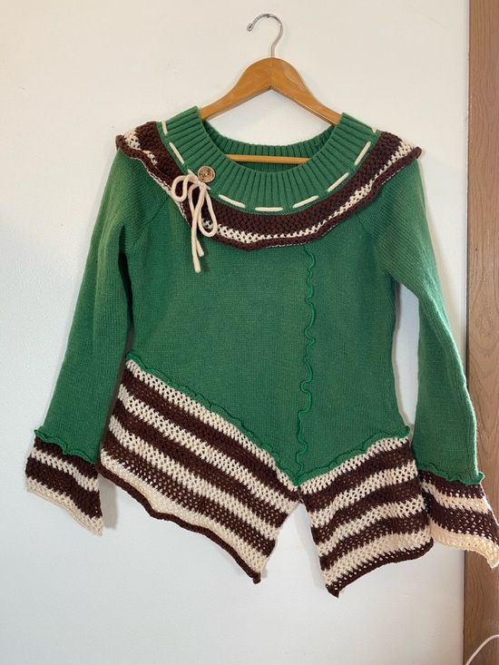 Source Unknown Sweaters - Green Knit Sweater with Brown and Cream Stripes